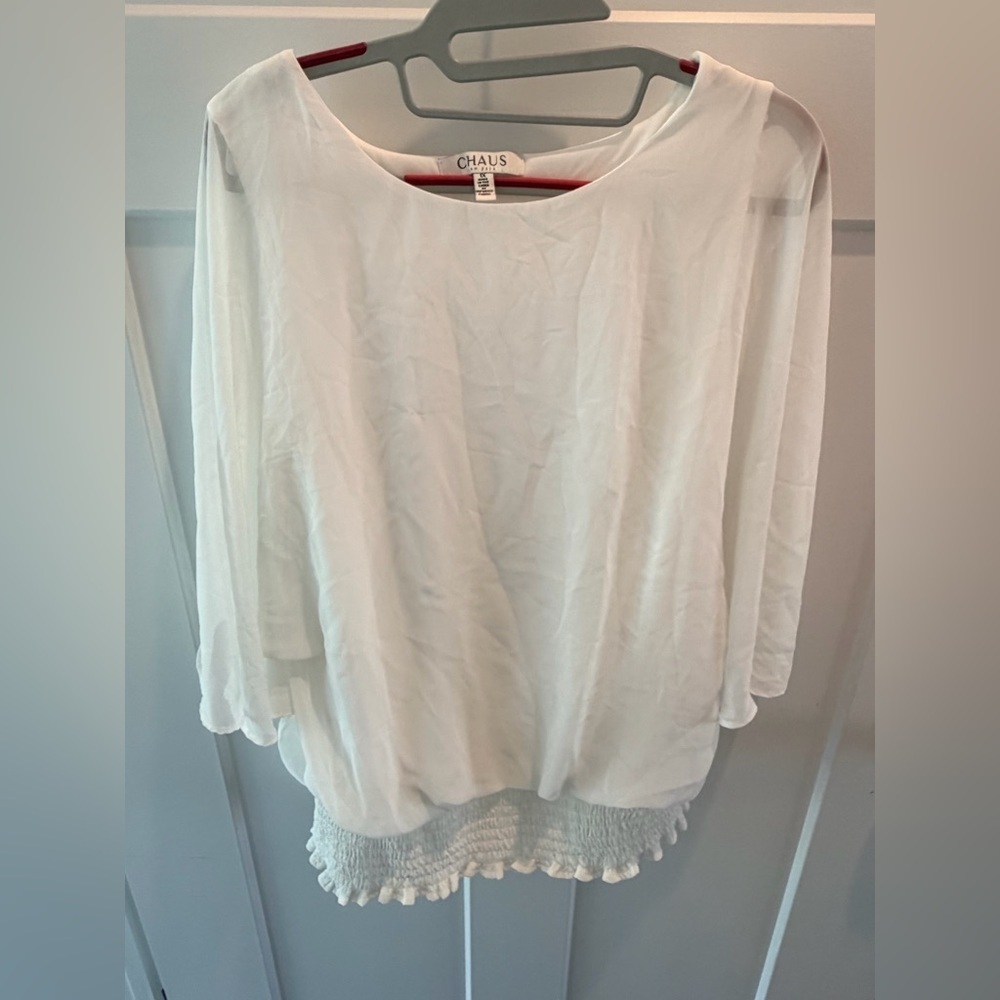 Chaus New York White Smocked Waist Blouse 1X Plus Size 3/4 Sleeve Tunic Top